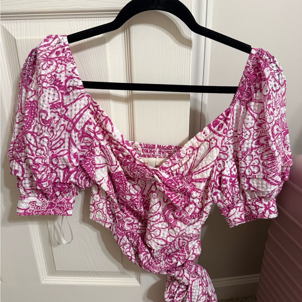 Anthropologie Pink Printed Puff-Sleeve Cropped Top
